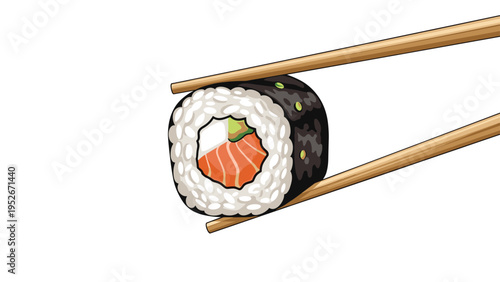 Single pieces of fresh salmon sushi roll with avocado are held by wooden chopsticks over a clean white background for a restaurant menu design.