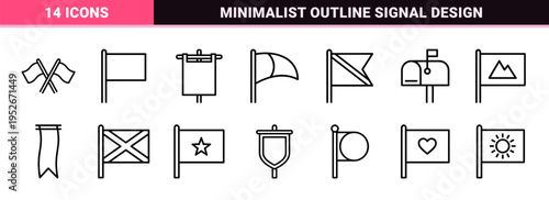 Navigation Wayfinding Flag Symbols Featuring Technical Monoline Outlines for Professional Digital Interface Design and Mapping Systems