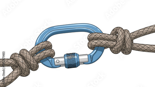 Sturdy blue carabiner with a locking screw gate connects two thick climbing ropes using professional knots for safe outdoor climbing activities.