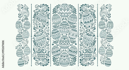 Easter eggs decorative border design with floral patterns and ornate details on white background