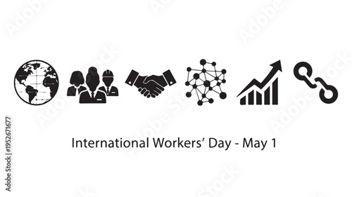 International Workers Day logo set in black and white flat design for labor union