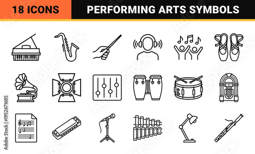 Performing Arts and Music Celebration Monoline Symbols Featuring Minimalist Dancing Figures and Musical Instruments in a Refined Outline Aesthetic