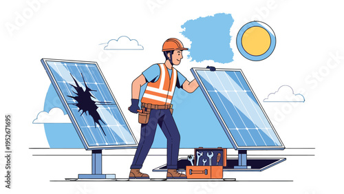 Solar Panel Technician: A skilled technician, equipped with tools and expertise, meticulously inspects solar panels.