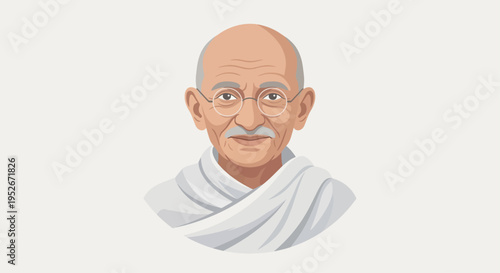 Illustration of Mahatma Gandhi wearing a white robe looking forward.