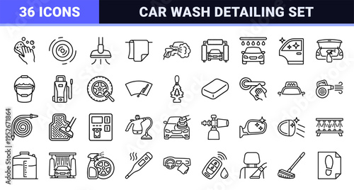 Professional Automotive Detailing and Car Wash Line Art Symbols featuring Minimalist Monoline Aesthetics for Vehicle Maintenance and Service.