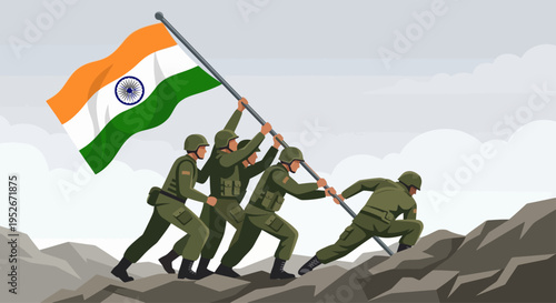 Soldiers in green uniforms hoist the Indian flag on a rocky terrain under a cloudy sky