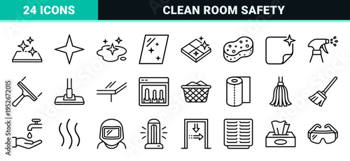 Hygiene and Surface Sanitation Monoline symbols for Commercial Cleaning Services and Sterile Environment Maintenance.