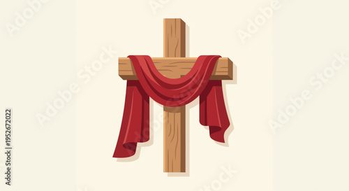 A wooden cross with a red cloth draped over it stands alone