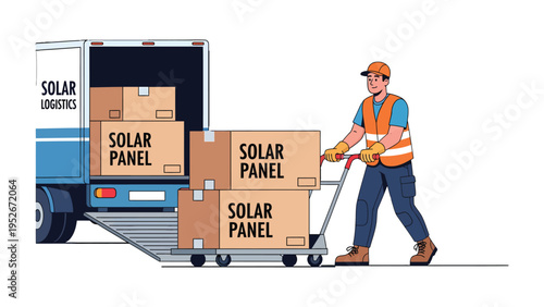 Solar Panel Delivery: A worker skillfully transports boxes of solar panels from a delivery truck, embodying the essence of green energy and sustainable transport. 