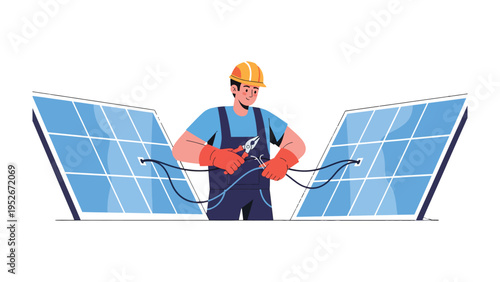 Harnessing Solar Energy: A skilled electrician works diligently to connect the intricate wiring of solar panels, promoting renewable energy.