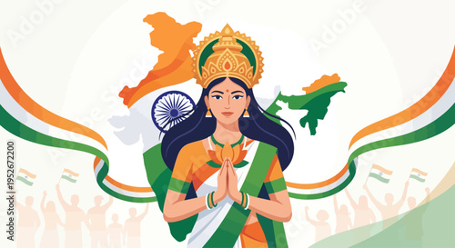 Woman in traditional Indian attire celebrates Independence Day with Indian flag