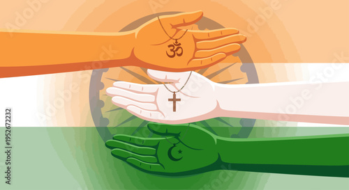 Hands of different religions coming together in unity and harmony under the Indian flag