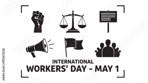 International Workers Day icons in bold black on white background for labor union