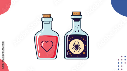 Two decorative glass bottles containing a pink love potion with a heart and a dark purple poison with a spider symbol on white background.