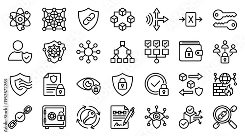 Set of blockchain and cybersecurity line icons for digital technology and network protection