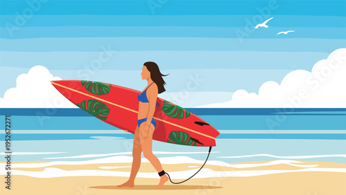 Young woman in a blue bikini carrying a red surfboard decorated with green leaves walking along a beautiful sandy coastline under a bright sky.
