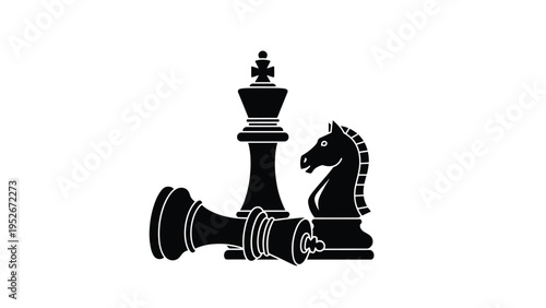 Black silhouette of a chess king and knight standing while a queen piece lies fallen on a white surface representing defeat and strategy.