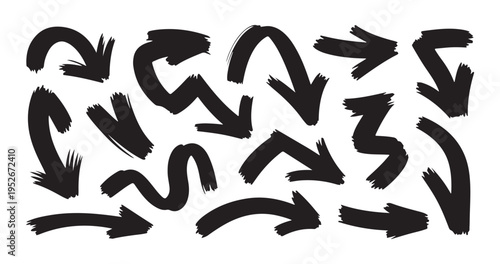Set of black brush stroke arrows isolated on white background with ink texture and motion