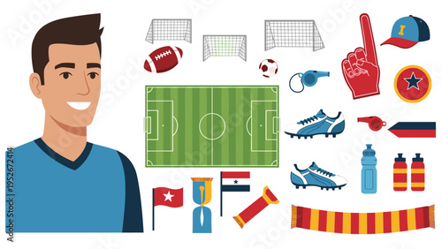 Smiling man in a blue jersey is surrounded by icons related to soccer including a green field, ball, goals, shoes, and championship trophies.