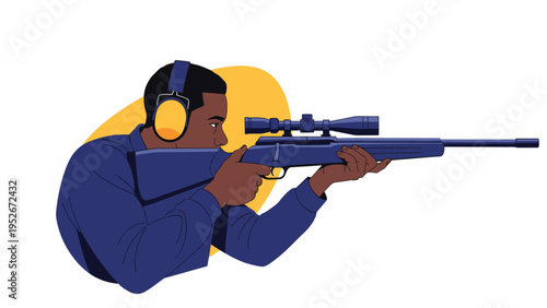 Man in a blue sweater and yellow ear protection aims a long sniper rifle with a scope against a circular yellow background in a profile view.