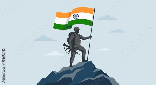 Soldier standing on mountain peak proudly holding Indian flag high