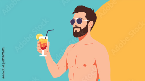 Shirtless man with a beard and sunglasses holds a colorful tropical cocktail against a bright beach-themed background in a sunny summer resort.