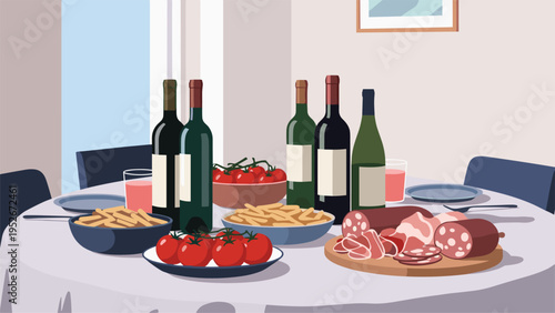 Dining table is covered with a white cloth and laden with plates of delicious food, appetizers, meat, and several bottles of fine red wine.