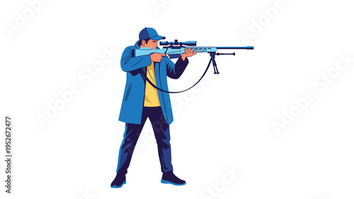 Man wearing a blue coat and cap stands while aiming a large sniper rifle mounted on a black tripod for precision shooting in an outdoor setting.