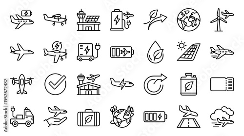 Set of sustainable aviation and eco friendly travel icons for green technology and air transport
