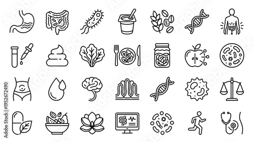 Microbiome and Digestive Health Line Icon Set