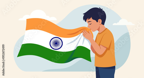 Man holding and kissing Indian flag with emotions and patriotism