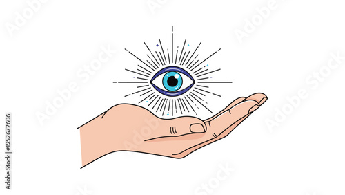 Human hand gently supports a mystical glowing third eye symbol with radiating light beams representing spiritual awakening.
