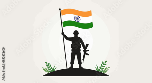 Soldier standing on hill waving Indian flag with pride and freedom