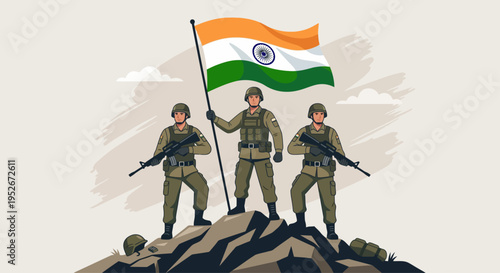 Soldiers standing on a mountain peak proudly holding the Indian flag high