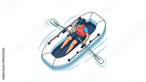 Individual wearing a life vest and blue cap rows a small white inflatable boat on water using two oars in an isometric view.