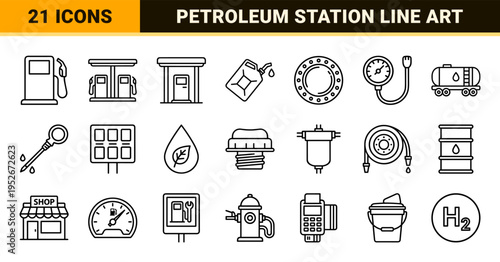 Petroleum Service and Fuel Station Monoline Outline Symbols Featuring Gas Pumps Nozzles and Jerry Cans in Technical Minimalist Aesthetic