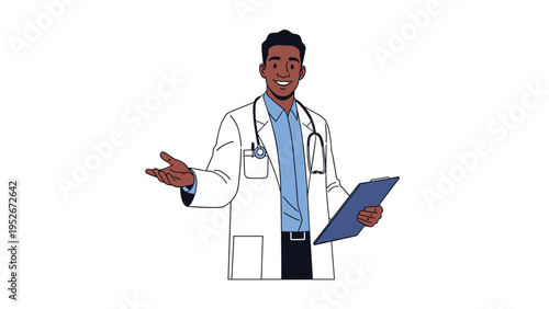 Friendly African American male doctor wearing a stethoscope and a white clinical coat holds a clipboard and gestures.