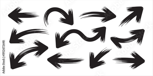 Collection of hand drawn grunge arrows in various shapes and directions on white background