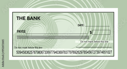 Bank check template illustration, blank payment cheque design, financial document layout, security pattern background, business banking concept, printable form style