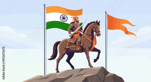 A man riding a horse stands proudly on a rocky outcrop with two flags