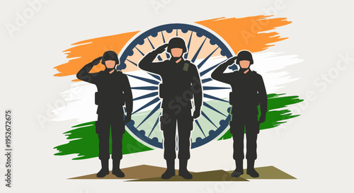 Soldiers saluting in front of Indian flag with Ashoka Chakra emblem
