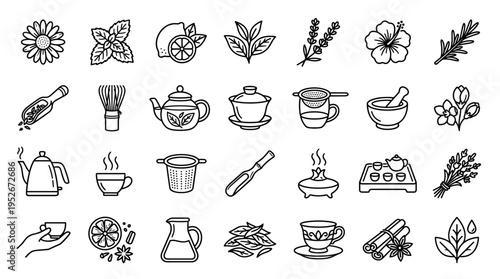 Tea and Herbal Infusion Line Icon Set for Beverage Preparation and Tea Ceremony
