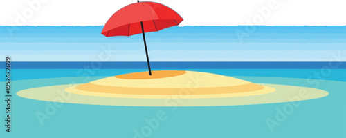 Lonely red umbrella on small sandy island in calm blue ocean water for travel brochure