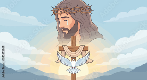 Jesus Christ wearing crown of thorns on head with cross and dove in sky