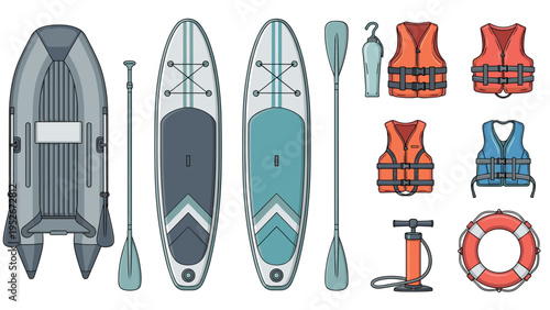 Extensive selection of water recreation equipment including an inflatable boat, stand up paddle boards, oars, and a lifebuoy.