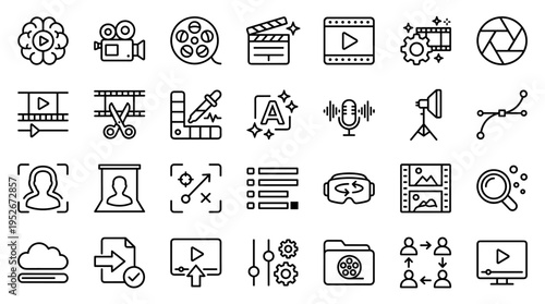 Set of professional video production and multimedia editing line icons