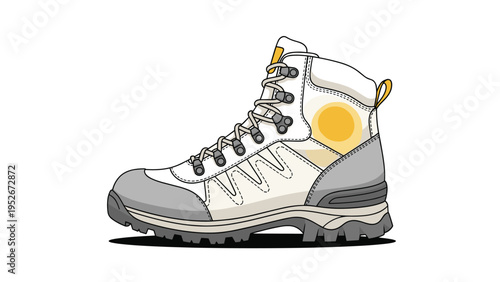 Durable white and grey hiking boot with yellow accents and a thick lugged sole is designed for outdoor trekking.