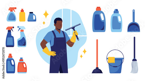 Professional window cleaner in overalls stands among various cleaning supplies including sprays, detergents, a mop, and a bucket.