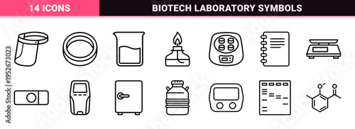 Biotechnology and Genetic Engineering Technical Monoline Symbols Featuring Minimalist DNA Helix and Laboratory Research Equipment Outlines