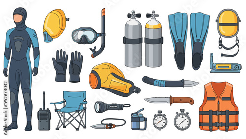 Extensive set of scuba diving and survival equipment including a wetsuit, oxygen tanks, mask, fins, knives, and life vest.